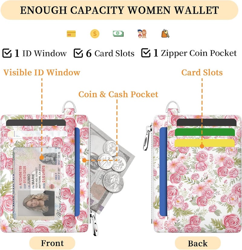 Hancynir Slim Wallet Women Credit Card Holder Rose Flower Floral RFID Blocking Small Cute Card Wallets Mini Front Pocket PU Leather Card Case Thin Travel Zipper Coin Cash Ladies Female Wallet Gifts - Image 5